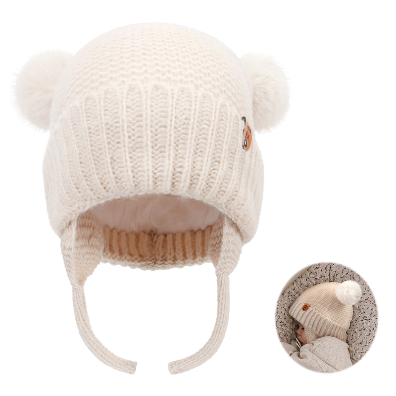 Infant Beanie Hat With Ears - Baby Wool Hat Cute Fur Ball